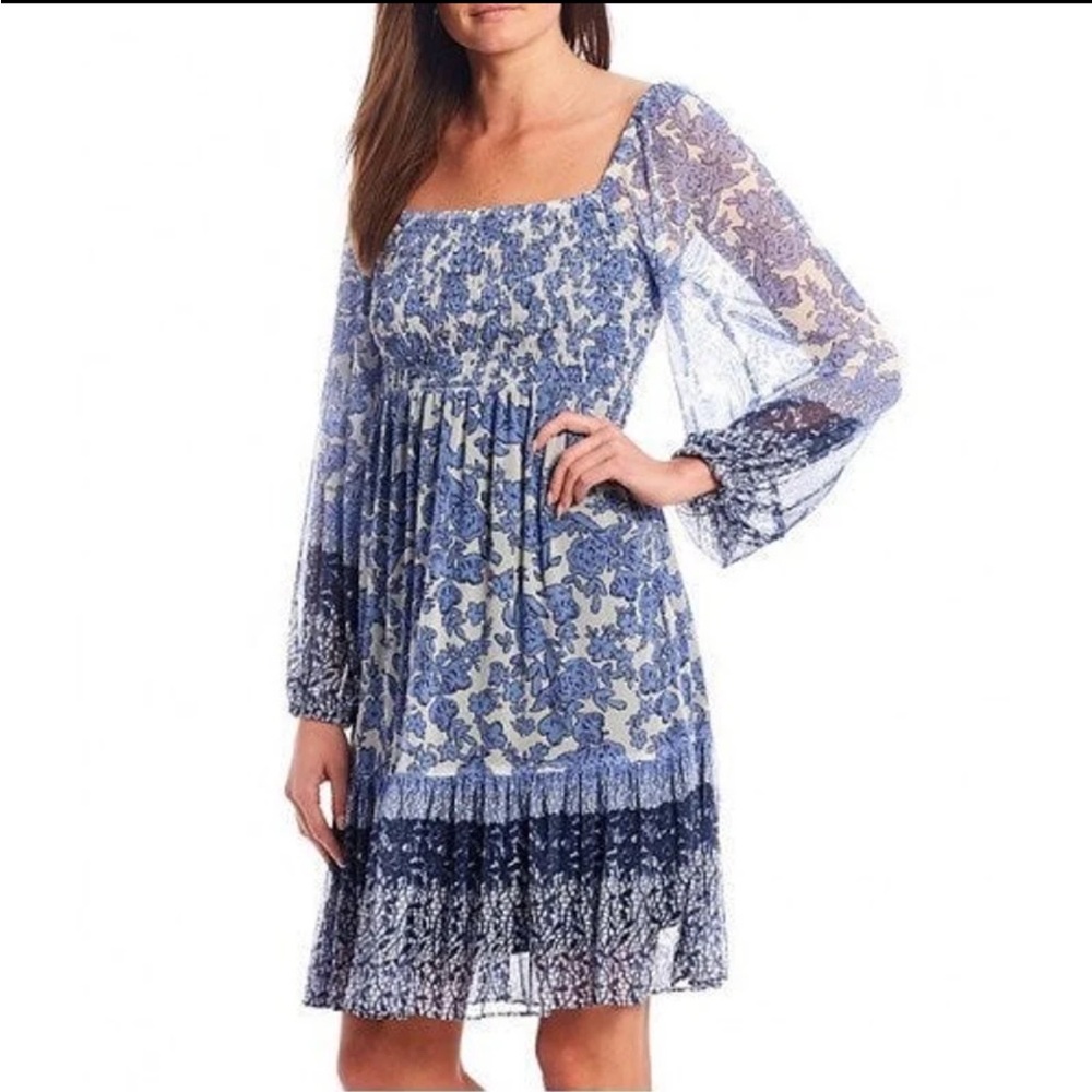 Maison Tara Blue Smocked Floral Dress